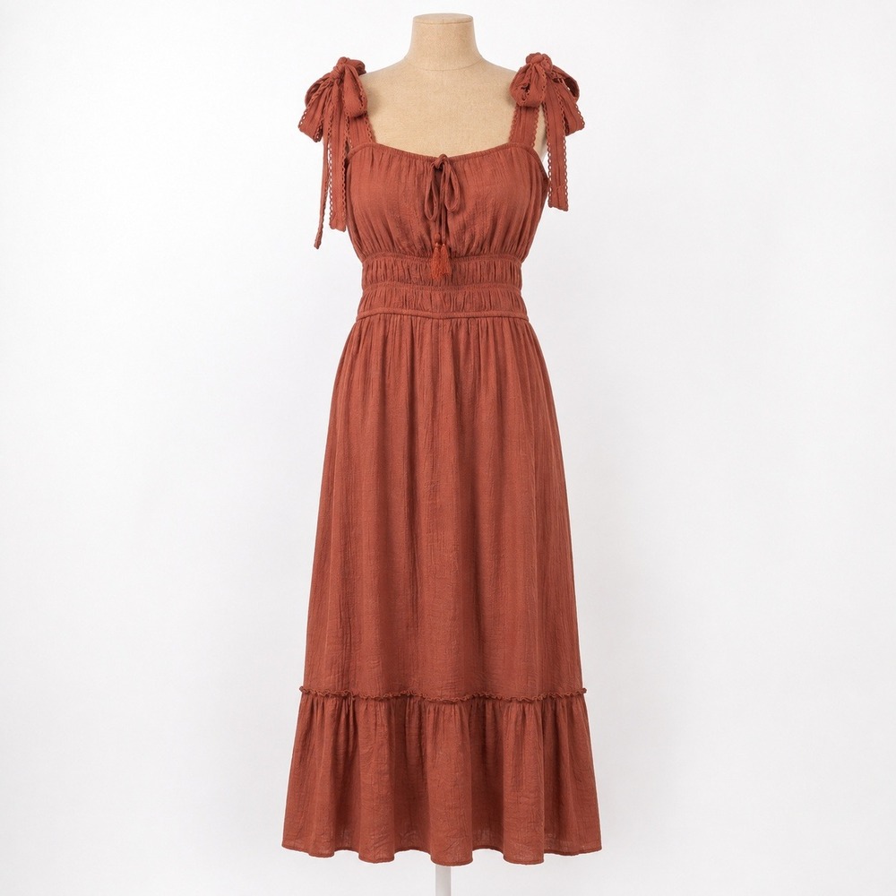 Boho Milkmaid Maxi Peasant Dress Sz S Orange Stretch Romantic Fairy Cottagecore